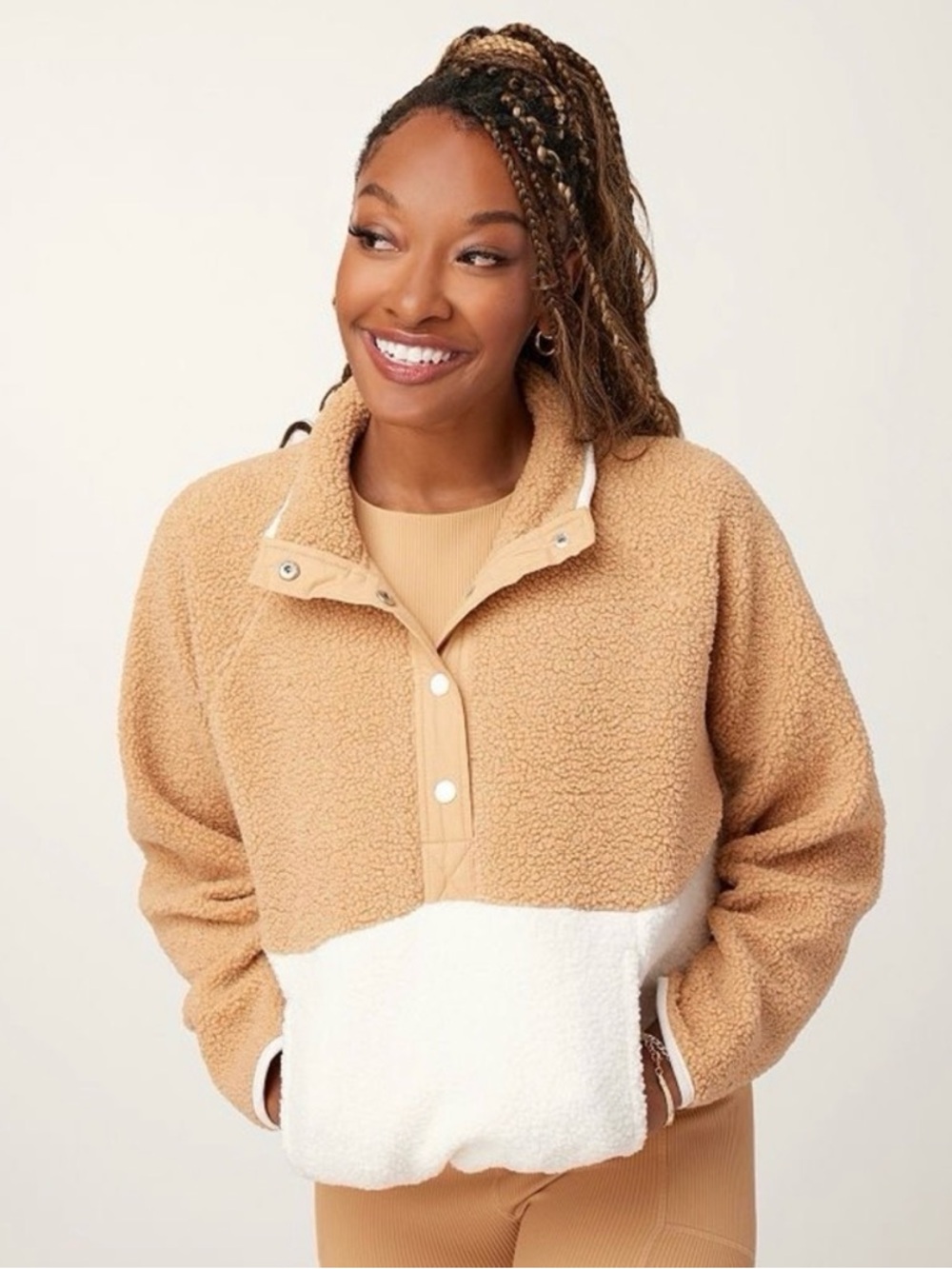 Tone It Up Cozy Two-Tone Sherpa Pullover Jacket - Camel & White